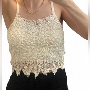 Vintage 90s y2k Lace Crochet Floral Cropped Cami Top with Thin Straps Size Small
